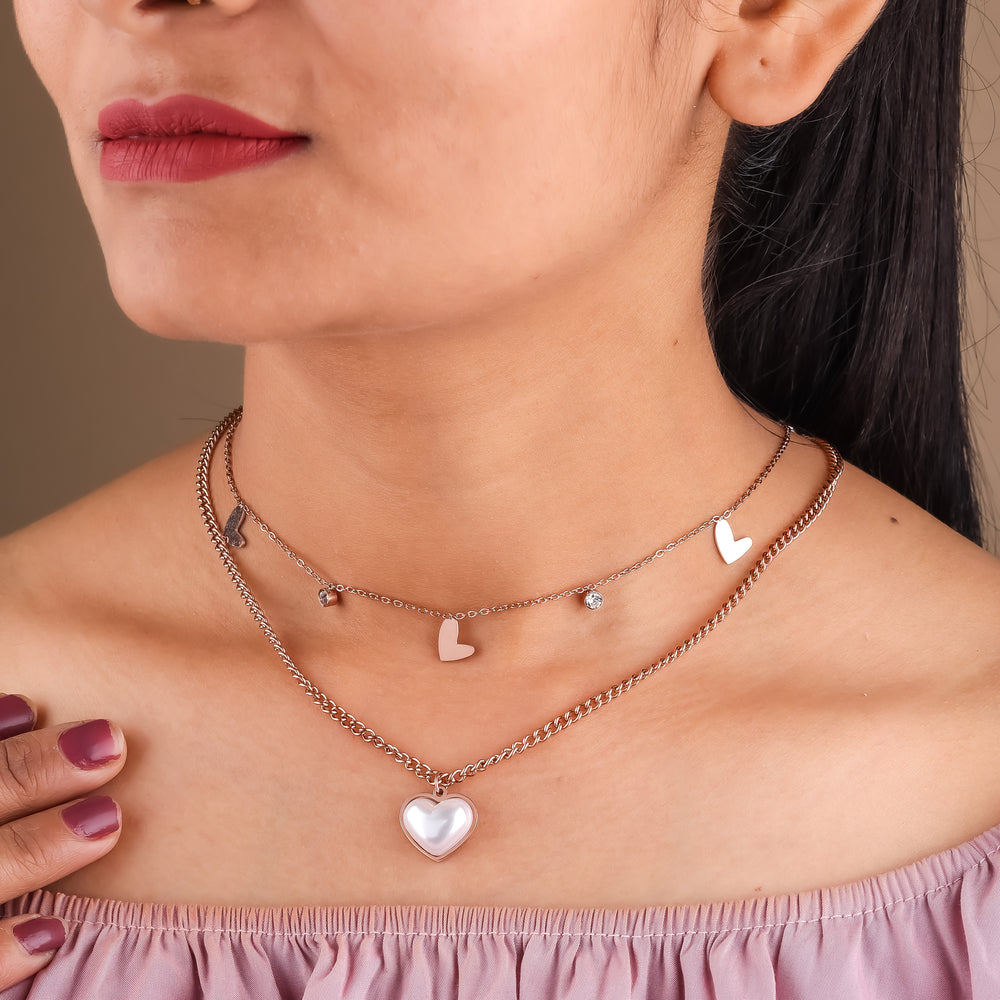 Amour Rose Gold Double Layer Pearl Heart Charm Necklace