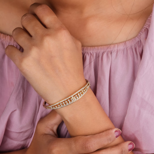 Gold crystal lattice kada bangle bracelet on wrist